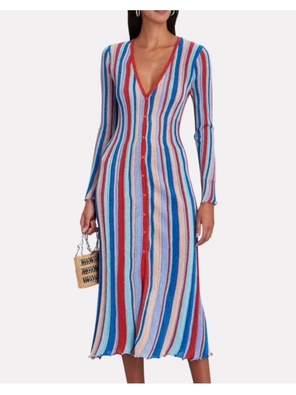 Misa Los Angeles Multicolor Striped V‑Neck Button Midi Dress